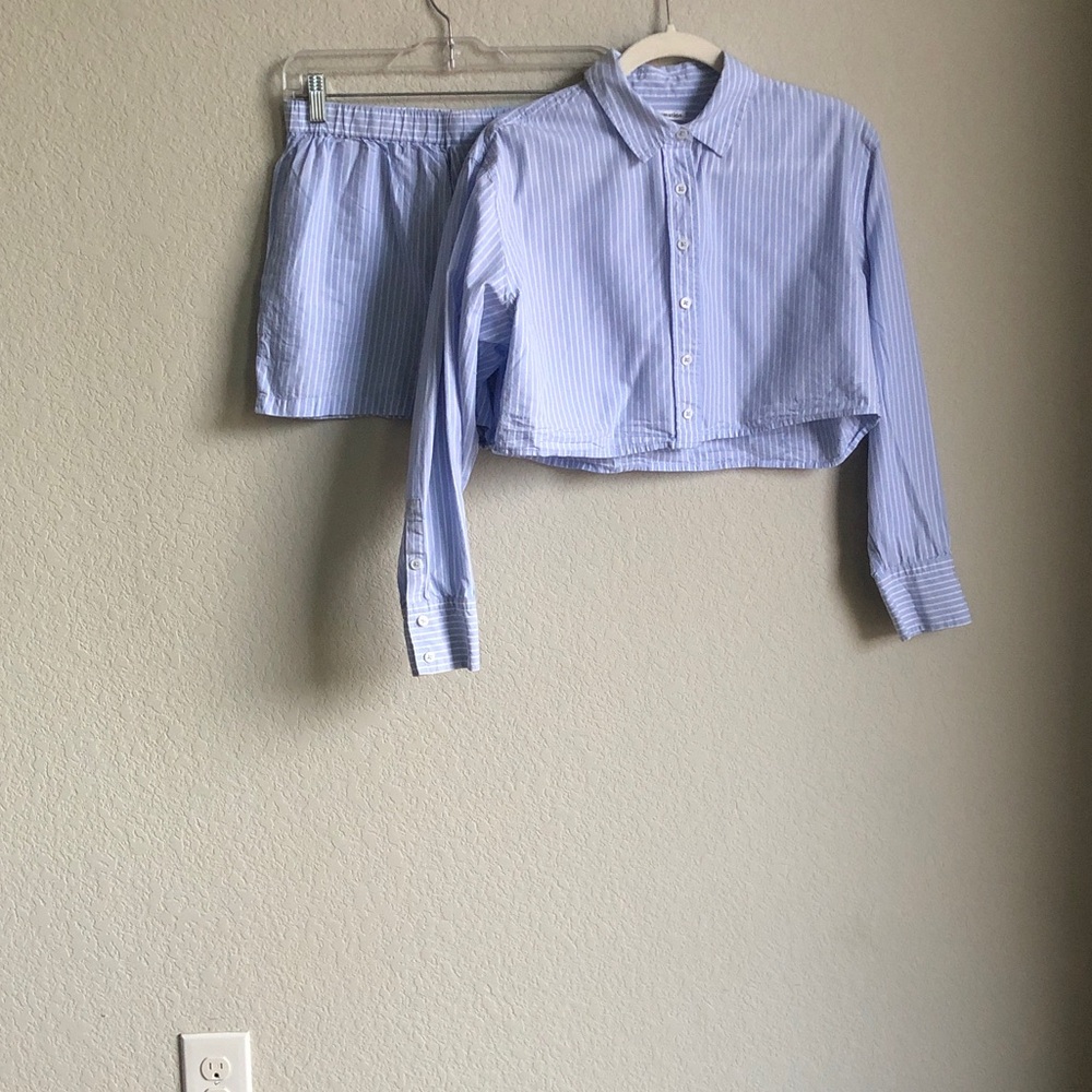 Reformation Willow Pajama Set Shorts Long Sleeve Crop Top Blue White Stripe Flaw